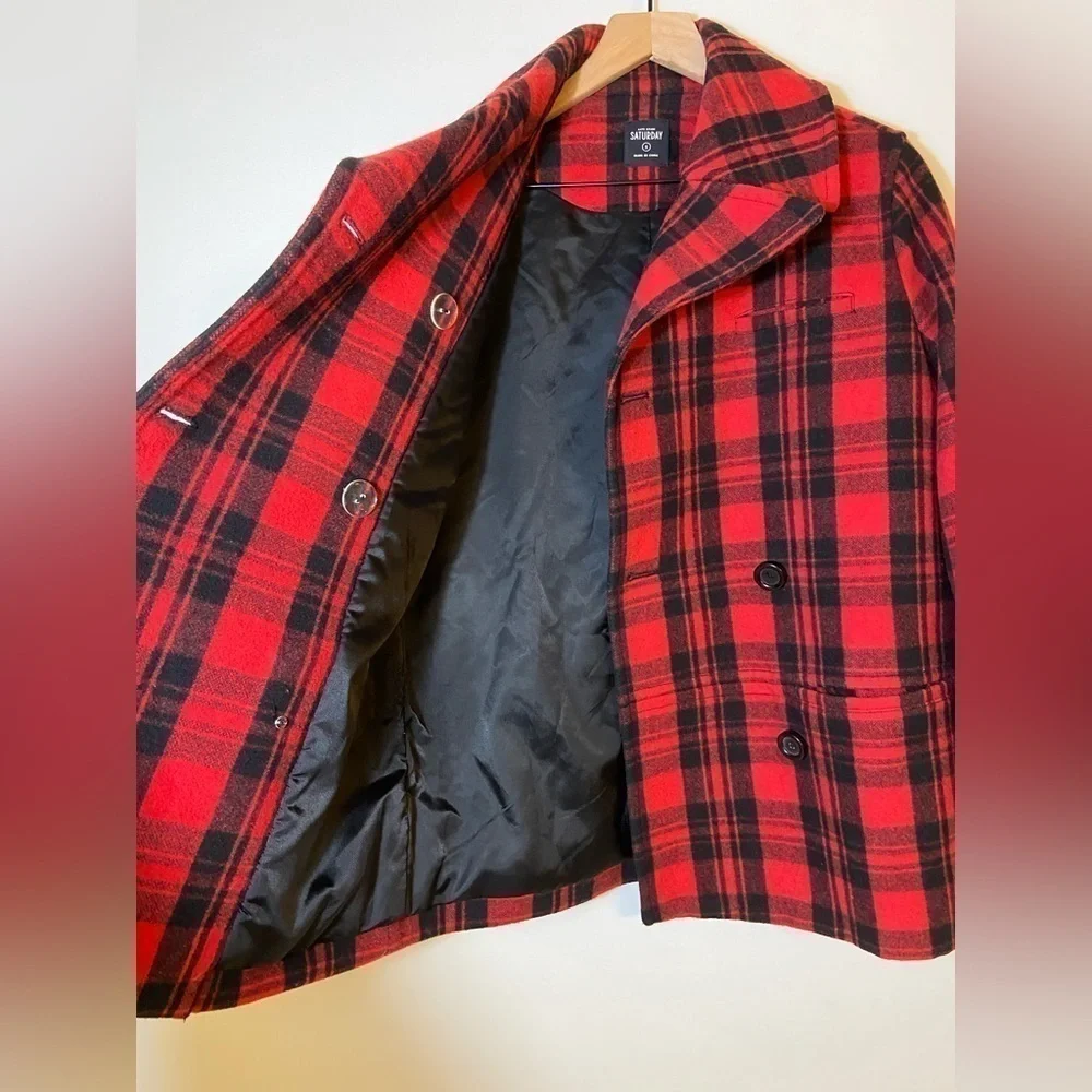 Kate spade SATURDAY scotch plaid wool blend pea coat Red Black Sz S